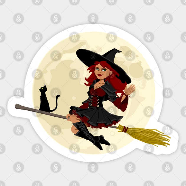 Good Witch With Black Cat On Broomstick Waving Hello Sticker by MonkeyBusiness